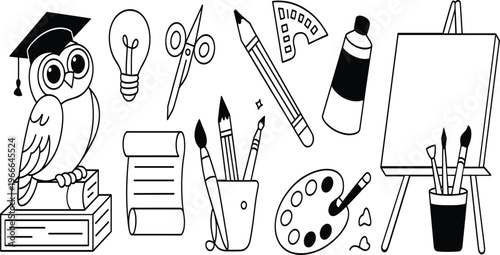 Hand drawn education and art vector set, with school owl, pencil, brushes, palette, and easel icon