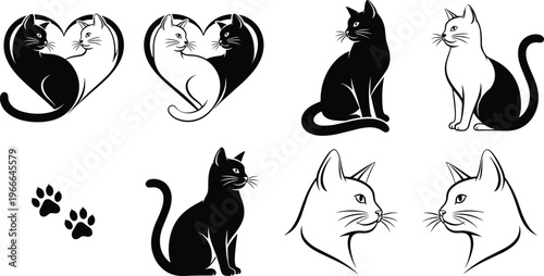 Black and white cat illustrations with heart shapes, paw prints, curled tails, minimalist line art design for love and companionship themes