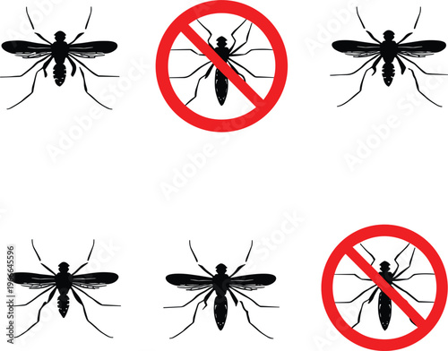 Mosquito silhouette collection with red stop warning signs for pest control insect repellent marketing and disease prevention awareness isolated on white background design