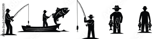 Black and white fishing illustration showing stages from casting rod to catching fish, symbolizing sport, recreation, success and outdoor activity