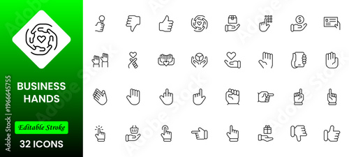 Business Hands outline web icons set. Fingers, hands, thumbs up, ok, points, touch, pray, hand shaking, and like. Vector illustration