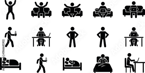Set of stick figure icons depicting daily routine activities like working on laptop sitting on sofa desk and sleeping bed.