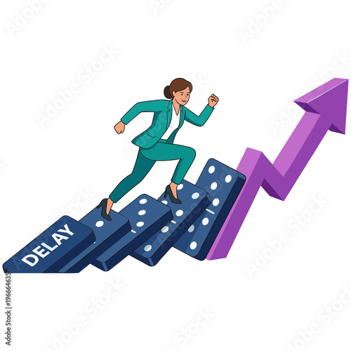 Businesswoman runs up dominoes to success with growth arrow