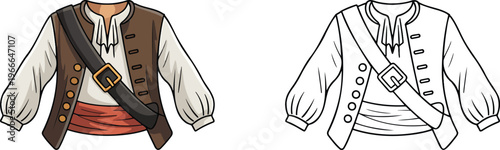 Pirate costume illustration & outline set isolated on transparent background 