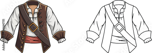 Pirate costume illustration & outline set isolated on transparent background 