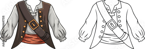 Pirate costume illustration & outline set isolated on transparent background 