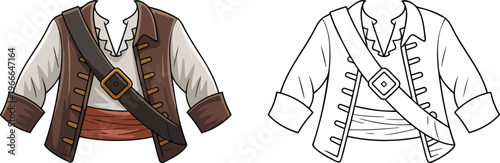 Pirate costume illustration & outline set isolated on transparent background 