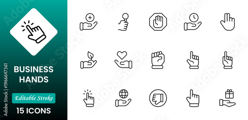 Business Hands outline web icons set. Fingers, hands, thumbs up, ok, points, touch, pray, hand shaking, and like. Vector illustration