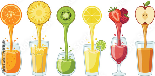Fresh Fruit Juice Pouring into Glasses Vector Set with Orange Pineapple Kiwi Lemon Strawberry and Apple Splash Illustration for Healthy Drink Design