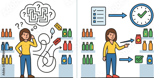 A woman is deciding on drinks at a store then efficiently choosing beverages by a checklist and clock.