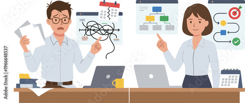 A man and woman work stressed at office desks with laptops and papers