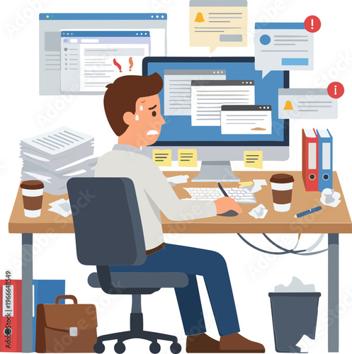 Man sits stressed at desk with computer and papers in office environment.