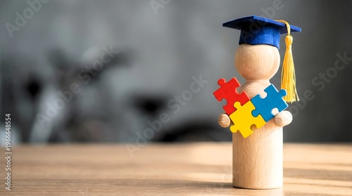 Naklejka Wooden graduate figure holding colorful puzzle pieces symbolizes neurodiversity awareness and educational inclusion achievements