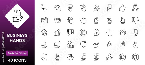 Business Hands outline web icons set. Fingers, hands, thumbs up, ok, points, touch, pray, hand shaking, and like. Vector illustration