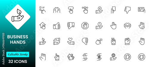Business Hands outline web icons set. Fingers, hands, thumbs up, ok, points, touch, pray, hand shaking, and like. Vector illustration