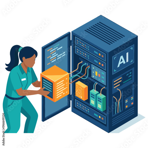 Woman installing AI server module in data center with technology