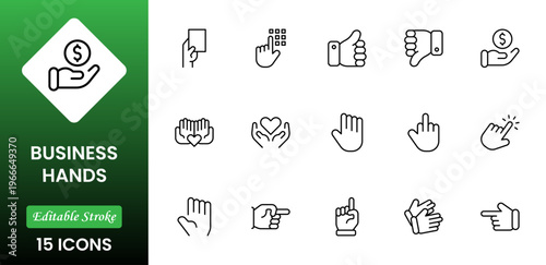 Business Hands outline web icons set. Fingers, hands, thumbs up, ok, points, touch, pray, hand shaking, and like. Vector illustration