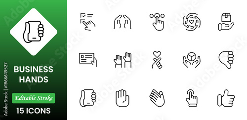 Business Hands outline web icons set. Fingers, hands, thumbs up, ok, points, touch, pray, hand shaking, and like. Vector illustration