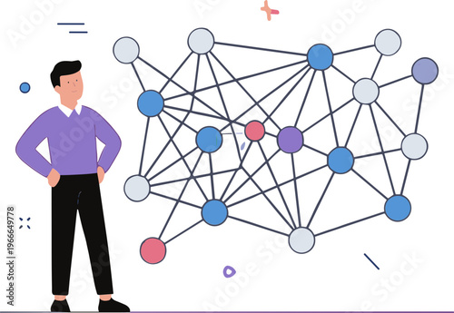Man standing next to a large network connection diagram with nodes