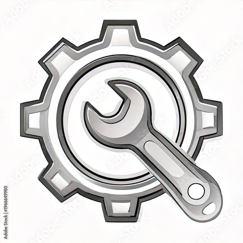 Shiny wrench overlapping a cog, white background