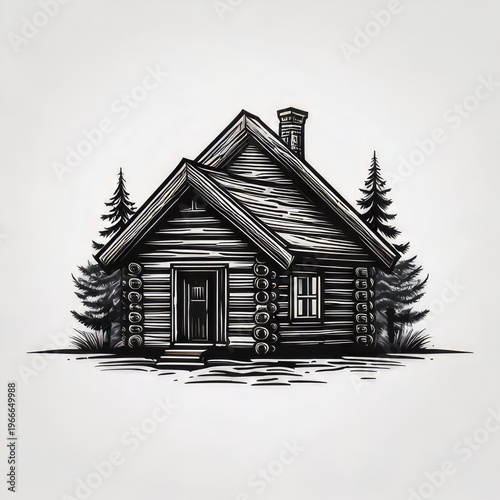 Rustic cabin in a forest, rendered in grayscale