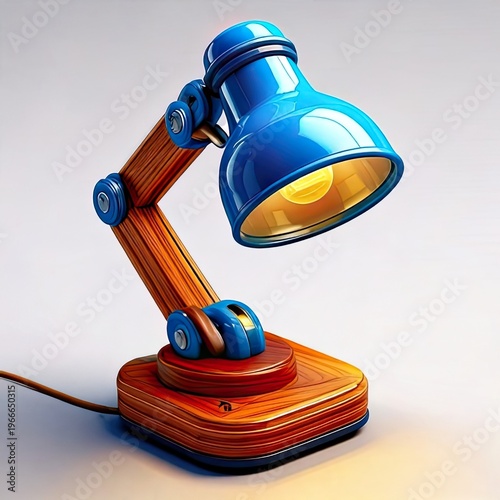Wooden and blue desk lamp, illuminated on light background
