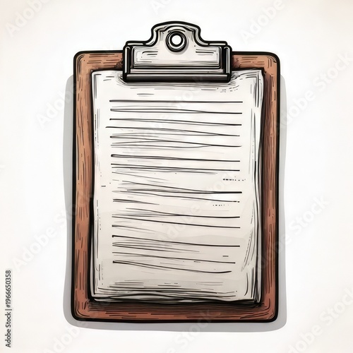 A clipboard with paper, sketched, isolated, top-down view