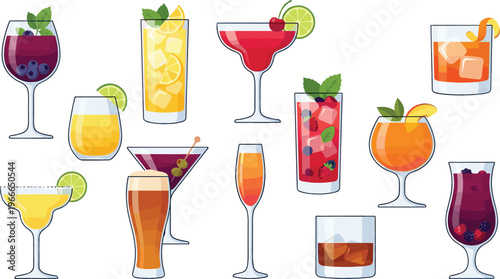 Colorful cocktail drinks set with fruit garnishes, citrus slices and berries, modern bar beverages collection in different glasses, refreshing alcohol and mocktail vector illustration