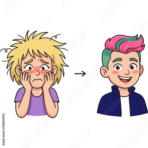 A cartoon boy transforms into a confident teenager with colorful hair.