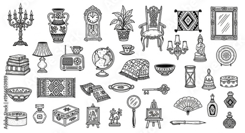 Collection of antique objects and decorative items.