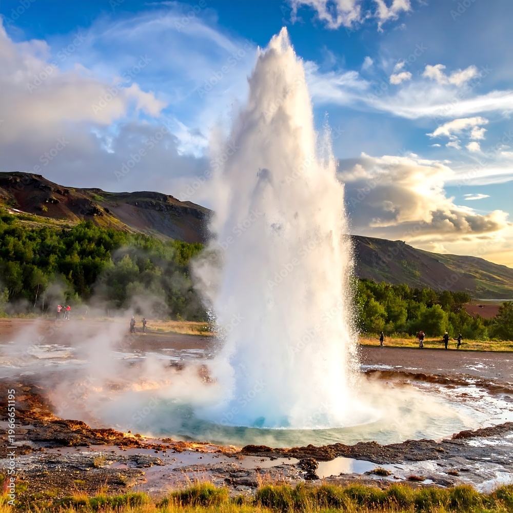 Fototapeta premium Erupting geyser in Iceland's geothermal area, water plume against sky