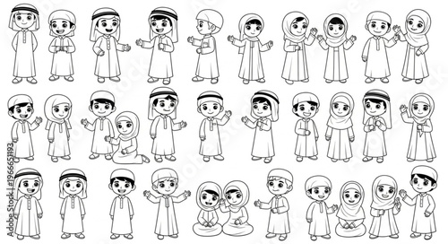 Collection of Arabic cartoon characters in traditional attire, black and white.