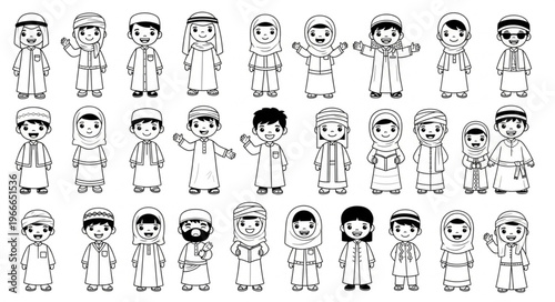 Collection of Arabic cartoon characters in traditional attire, black and white illustrations.