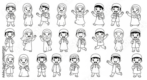 Collection of adorable cartoon children in traditional Islamic attire.