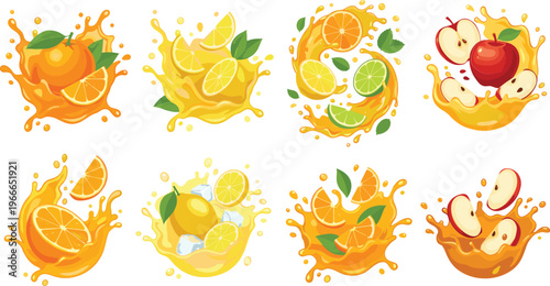Fresh fruit juice splash collection with orange, lemon, lime and apple slices, dynamic liquid splashes with citrus elements, vibrant healthy beverage design for packaging and advertising