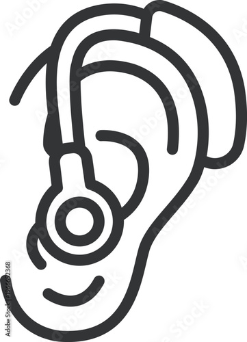 耳につけた、補聴器のアイコン（線画）のイラスト