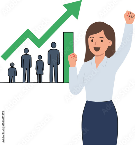 A woman celebrates business success with a green graph and four people