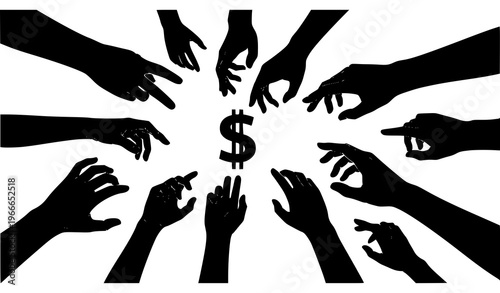 Hands holding dollar symbol silhouettes financial support teamwork economy vector