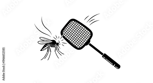 A black silhouette of a mosquito being swatted with a fly swatter