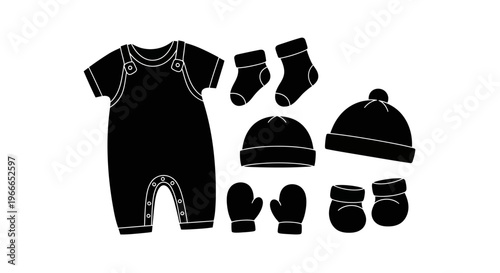 Baby clothes arrangement showcasing overalls hat socks and mittens silhouette