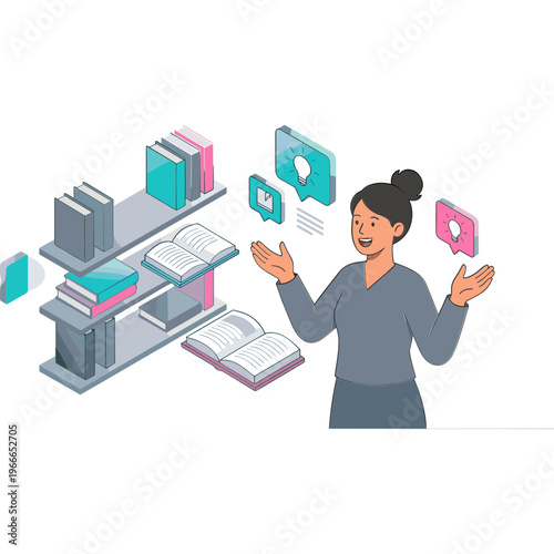 Woman interacts with floating books and speech bubbles in digital library