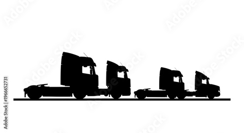 Three semi trucks lined up in a stark black silhouette