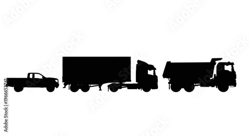 Black silhouettes of various commercial vehicles parked in a row silhouette