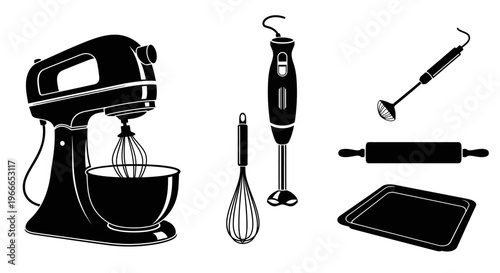 Black and white kitchen tools and appliances in a bold silhouette