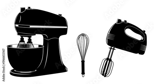 Kitchen appliances including a stand mixer and hand mixer silhouette