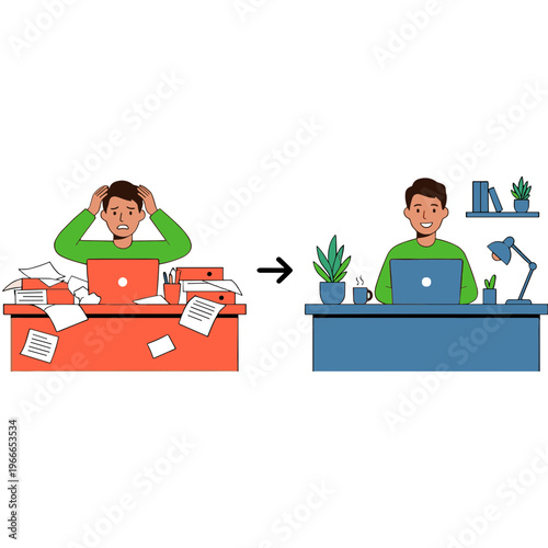 Man transforms from a cluttered workspace to organized desk with laptop