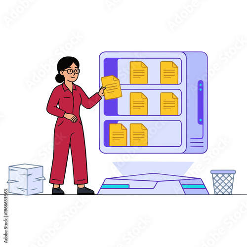 Woman standing next to file cabinet putting away documents