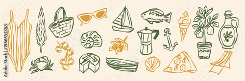 Hand drawn doodle summer vacation elements set