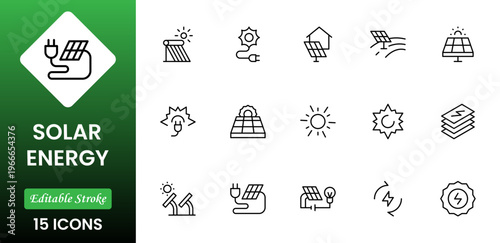 Solar Energy icon set. Green energy icon set. Collection of renewable energy, ecology and green electricity icons. Vector illustration.