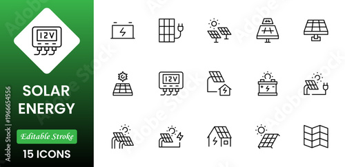 Solar Energy icon set. Green energy icon set. Collection of renewable energy, ecology and green electricity icons. Vector illustration.